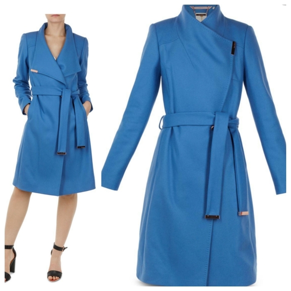Ted Baker Jackets & Blazers - NEW TED BAKER Kikiie Blue Cashmere Wool Drape Neck Belted Tie Waist Wrap Coat